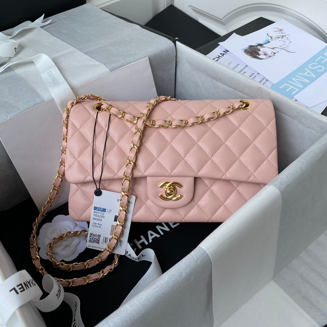 Chanel A01112 Classic Handbag Grained Calfskin Pink Gold