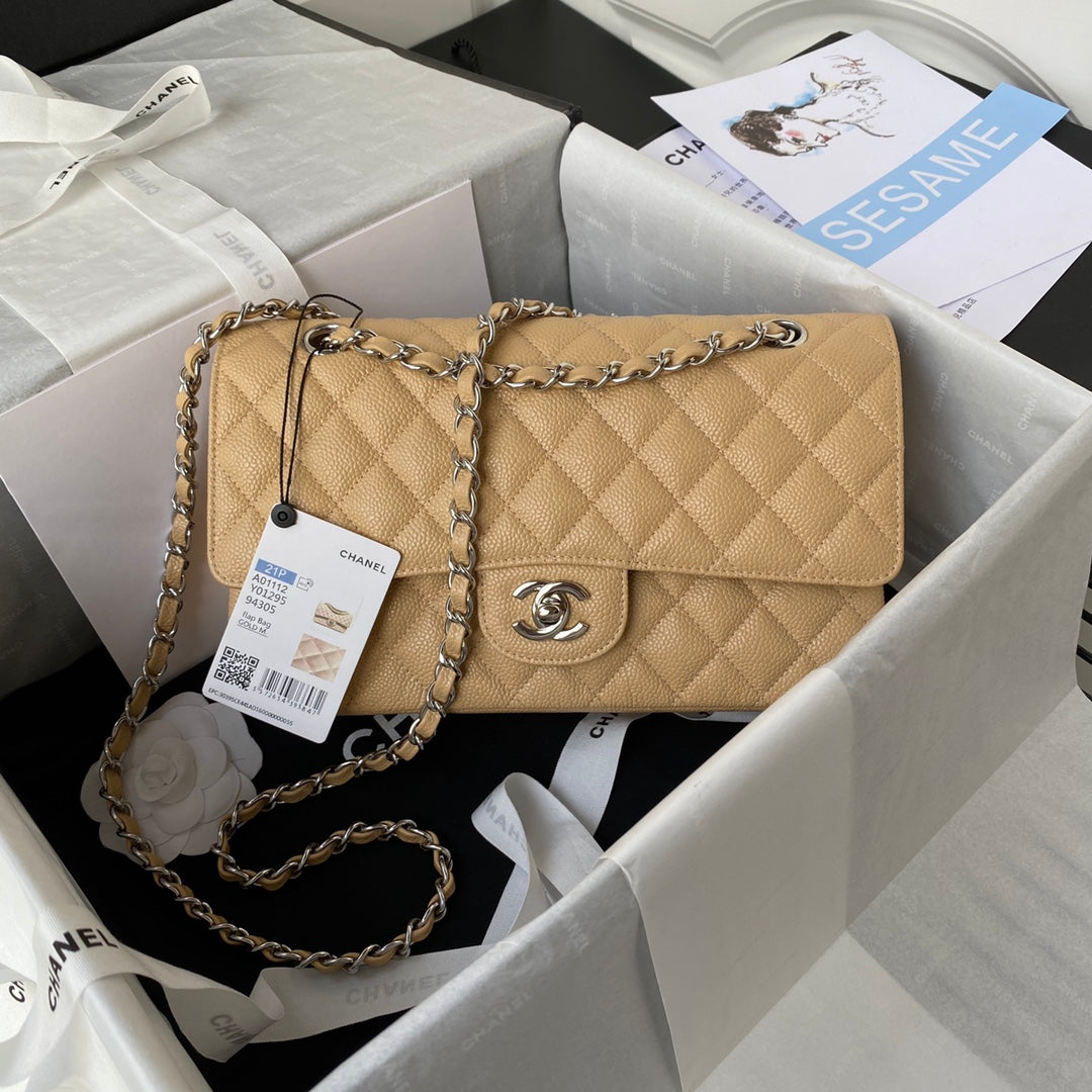 Chanel A01112 Classic Handbag Grained Calfskin Dark Beige Silver