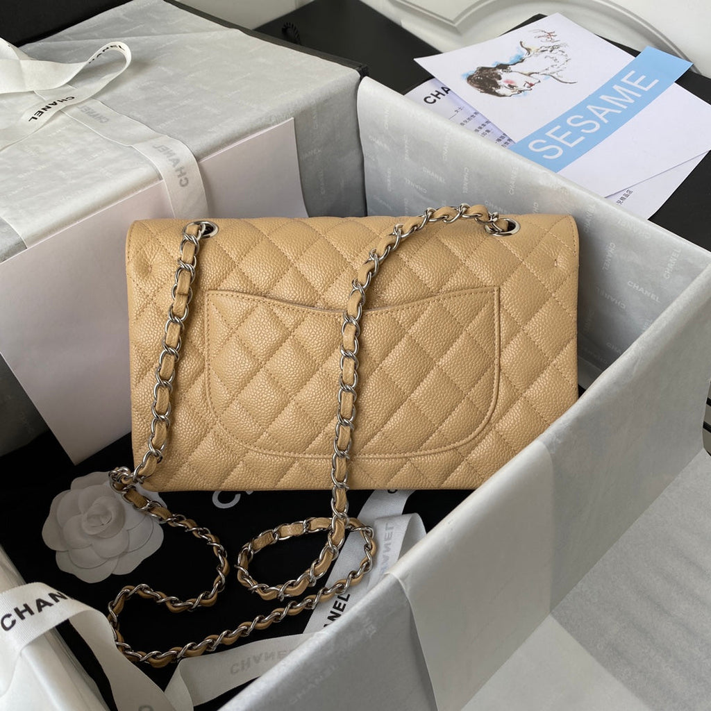 Chanel A01112 Classic Handbag Grained Calfskin Dark Beige Silver
