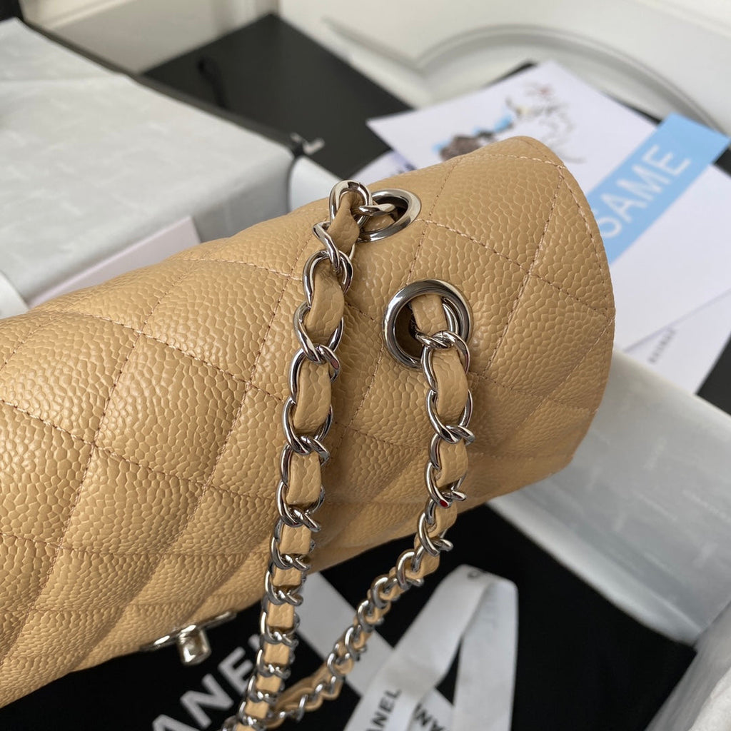 Chanel A01112 Classic Handbag Grained Calfskin Dark Beige Silver