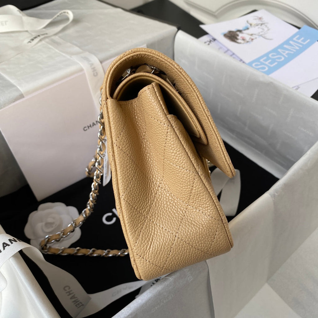 Chanel A01112 Classic Handbag Grained Calfskin Dark Beige Silver