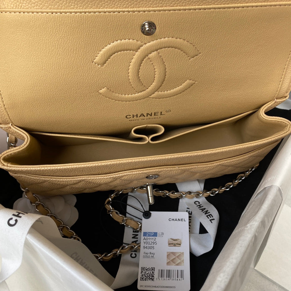 Chanel A01112 Classic Handbag Grained Calfskin Dark Beige Silver
