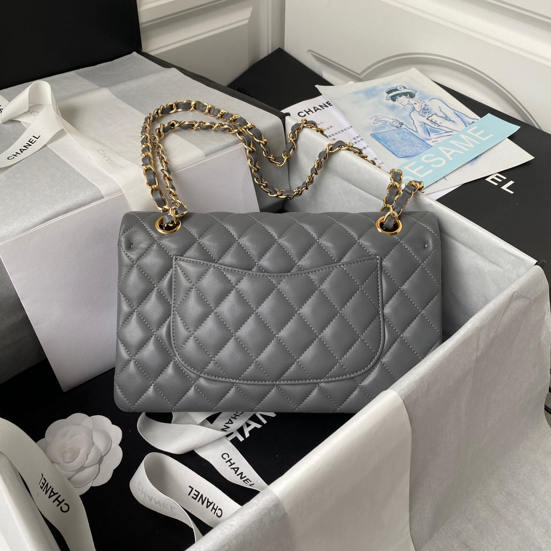 Chanel A01112 Classic Handbag Lambskin Dark Gray Gold