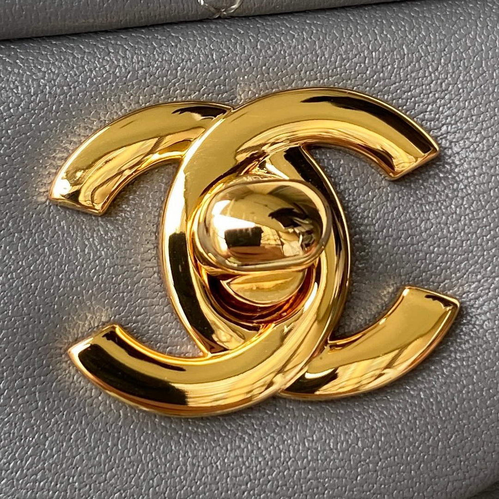 Chanel A01112 Classic Handbag Lambskin Dark Gray Gold