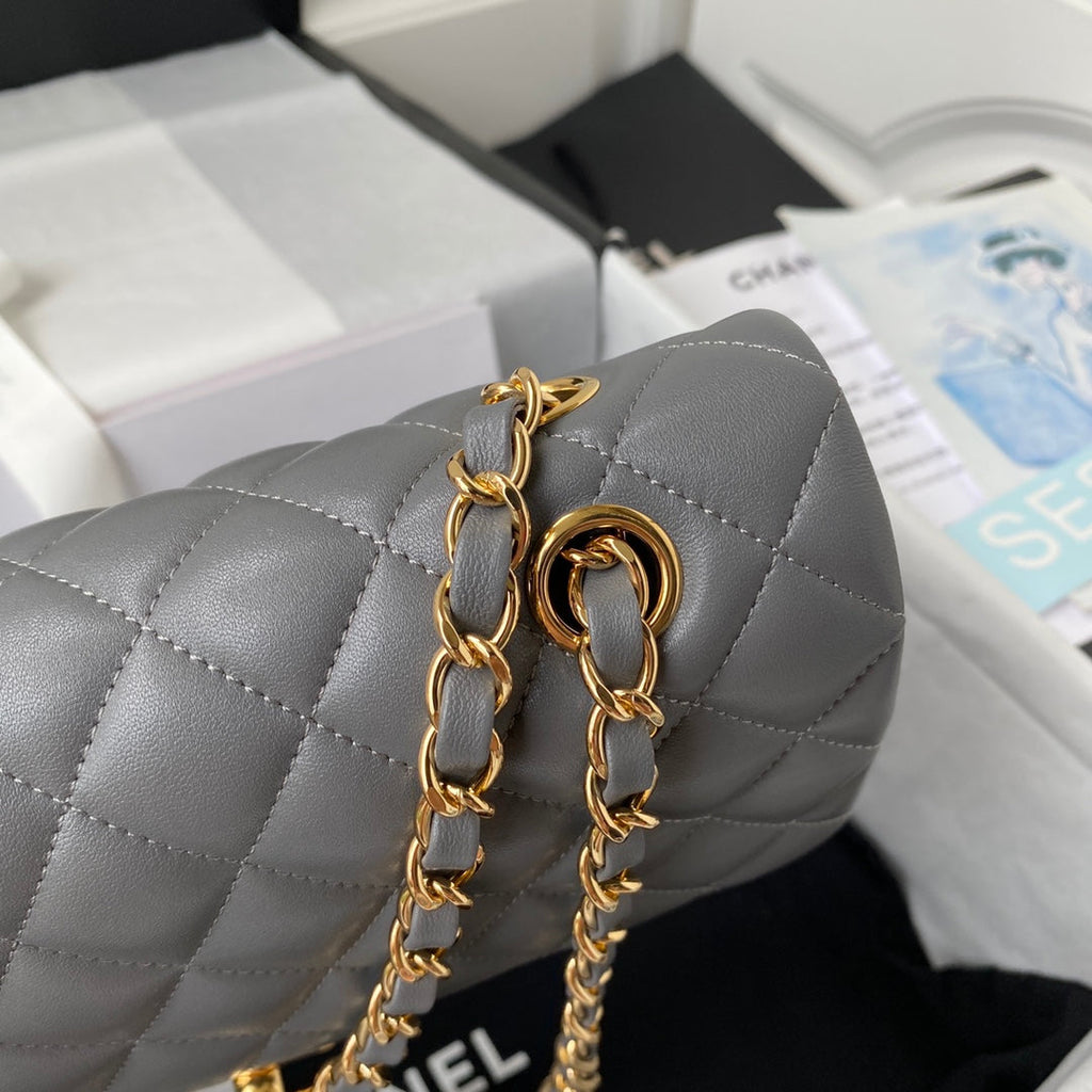 Chanel A01112 Classic Handbag Lambskin Dark Gray Gold
