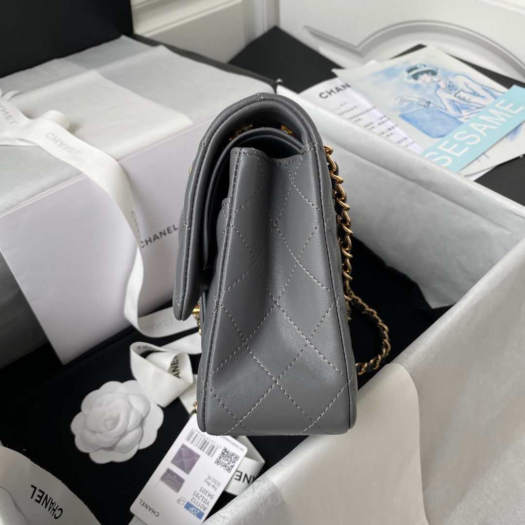 Chanel A01112 Classic Handbag Lambskin Dark Gray Gold