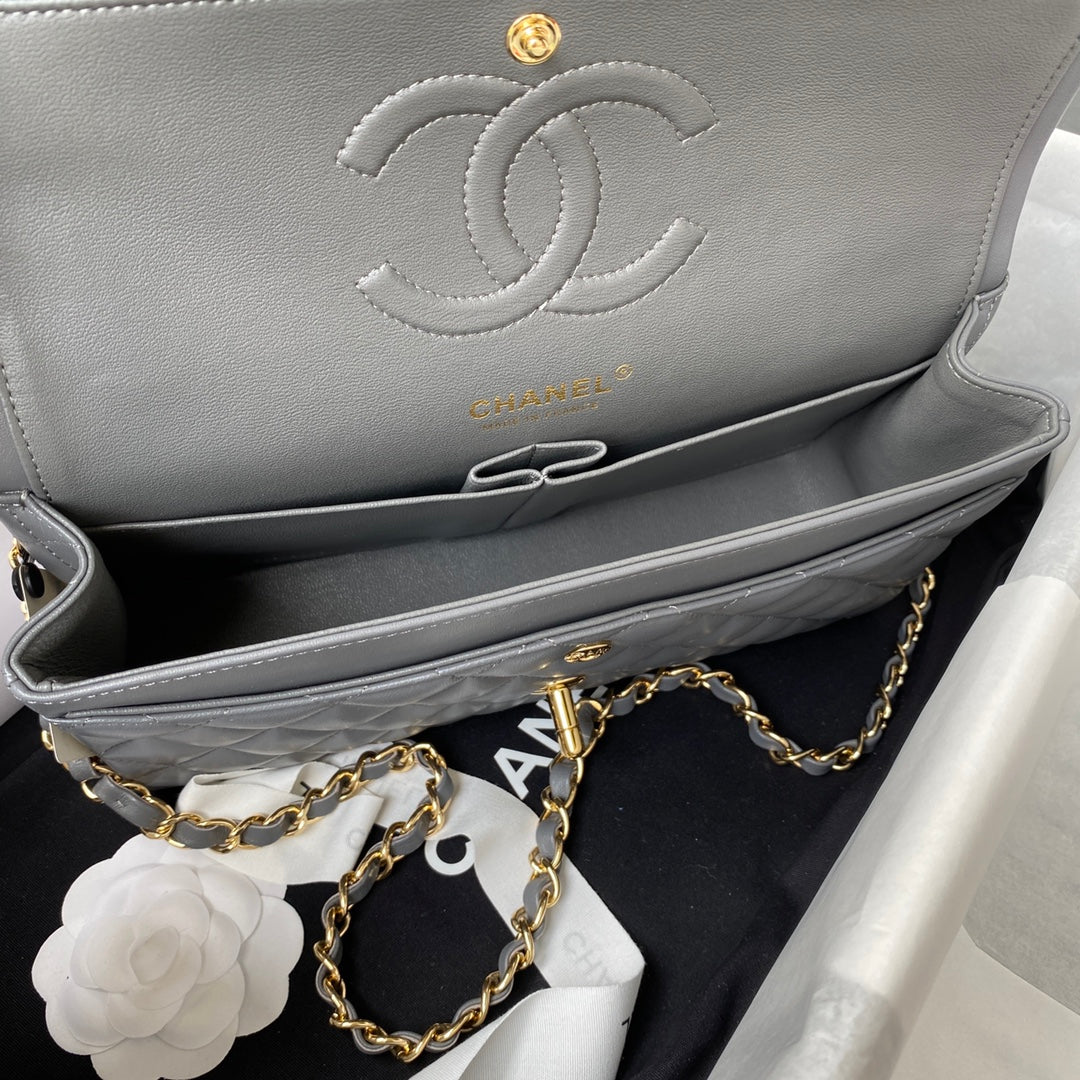 Chanel A01112 Classic Handbag Lambskin Dark Gray Gold