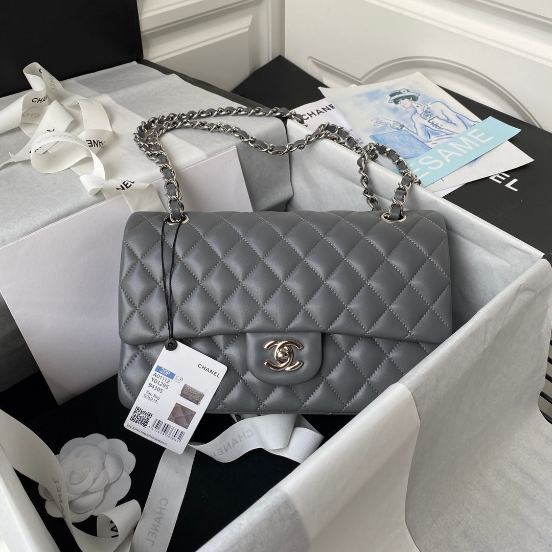 Chanel A01112 Classic Handbag Lambskin Dark Gray Silver