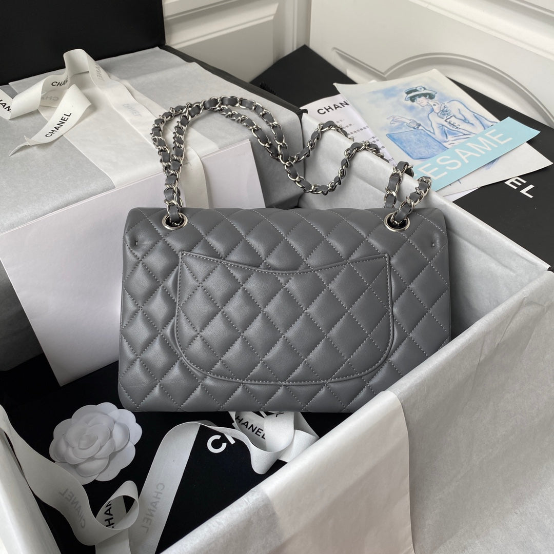Chanel A01112 Classic Handbag Lambskin Dark Gray Silver