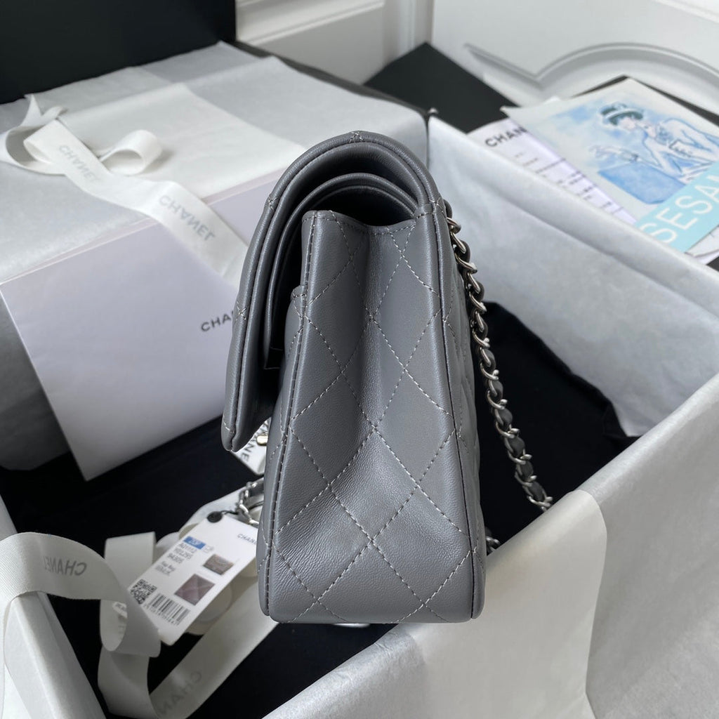 Chanel A01112 Classic Handbag Lambskin Dark Gray Silver