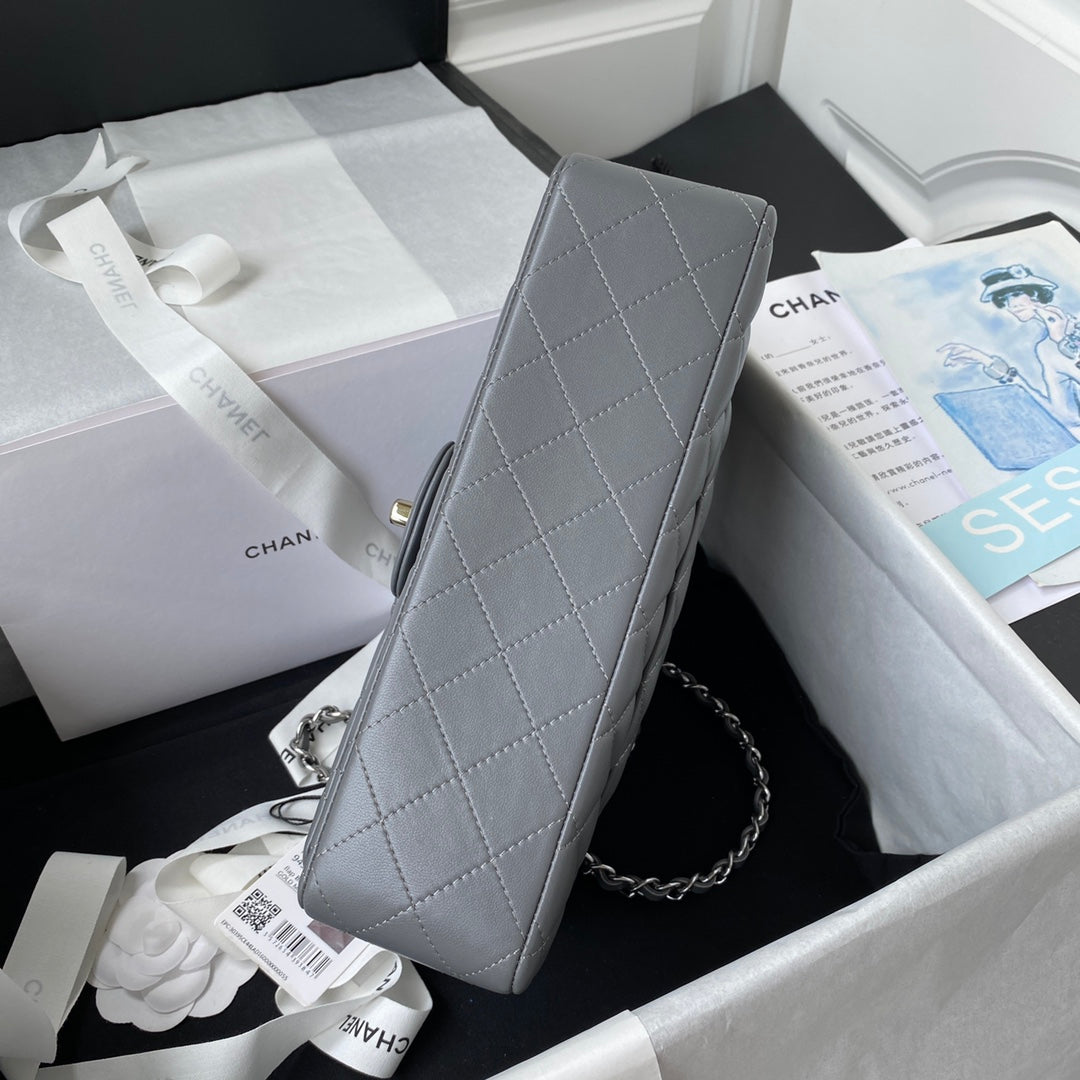 Chanel A01112 Classic Handbag Lambskin Dark Gray Silver