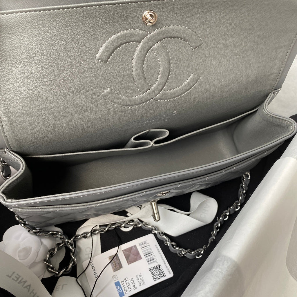 Chanel A01112 Classic Handbag Lambskin Dark Gray Silver