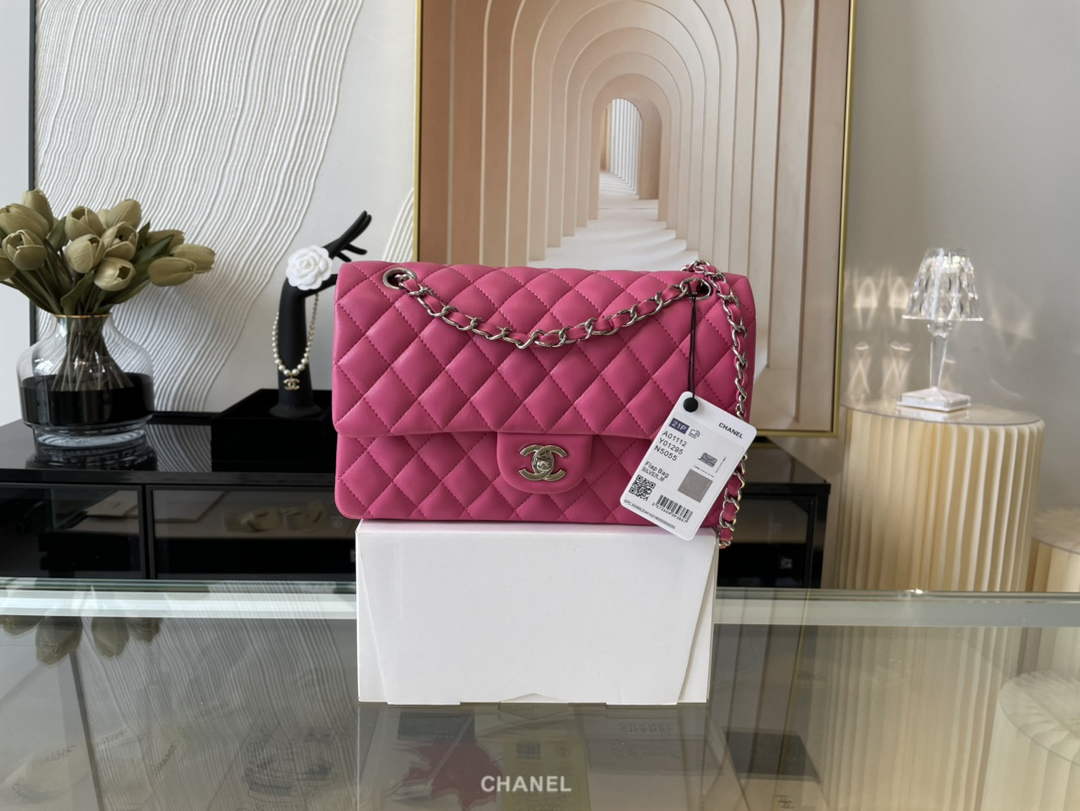 Chanel A01112 Classic Handbag Lambskin Plum Silver