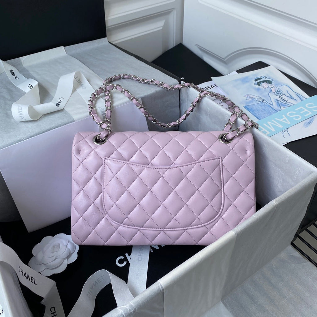 Chanel A01112 Classic Handbag Lambskin Purple Pink Silver