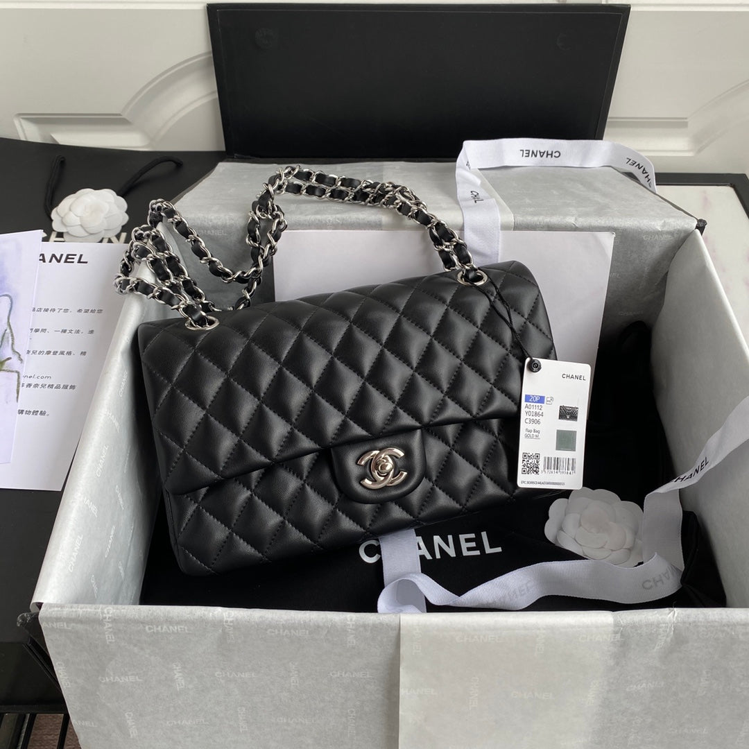 Chanel A01112 Classic Handbag Lambskin Black Silver