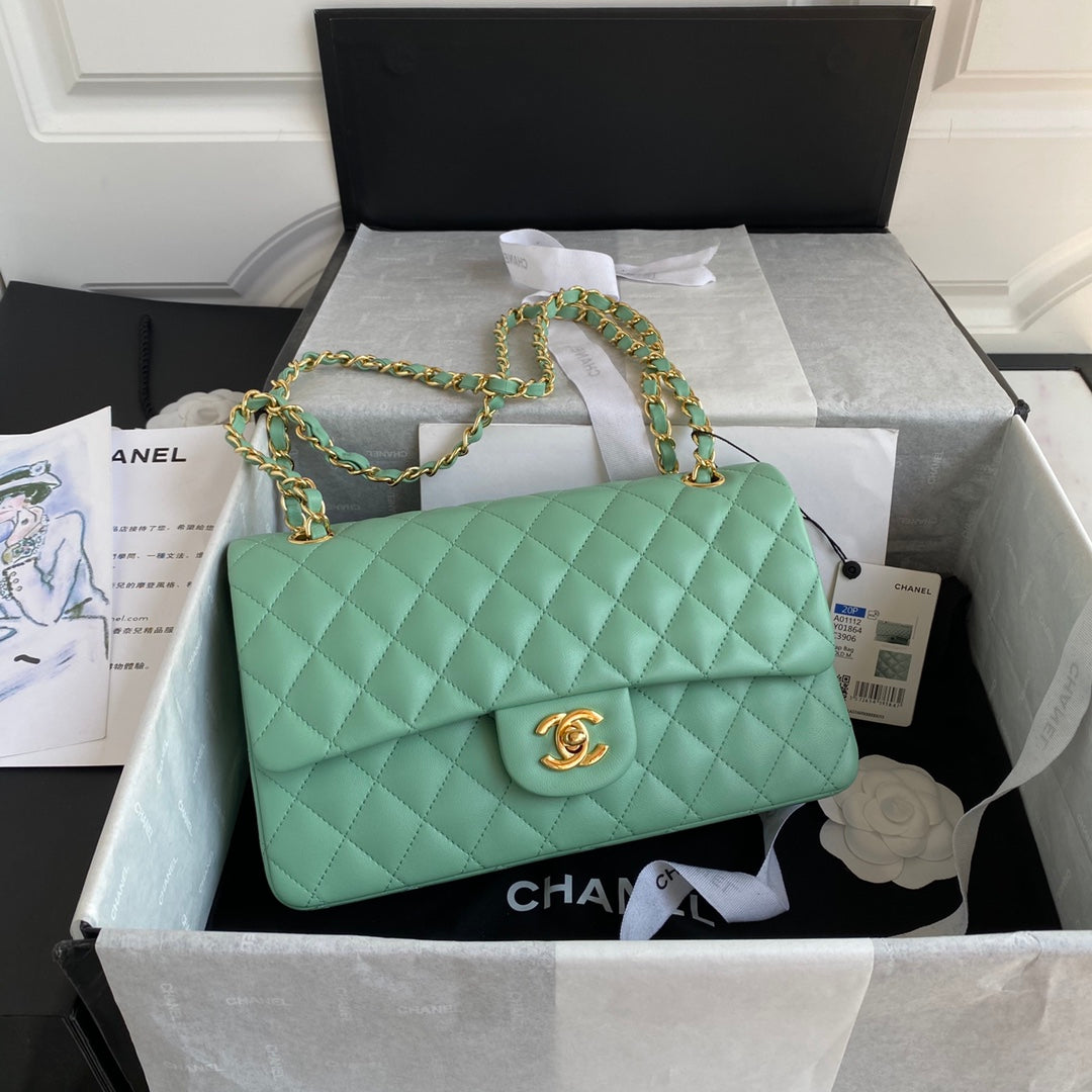 Chanel A01112 Classic Handbag Lambskin Green Gold