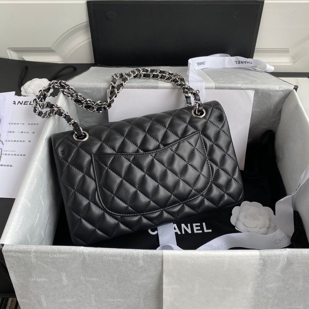 Chanel A01112 Classic Handbag Lambskin Black Silver