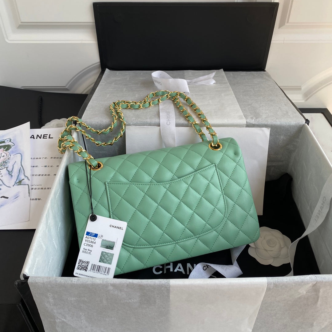 Chanel A01112 Classic Handbag Lambskin Green Gold