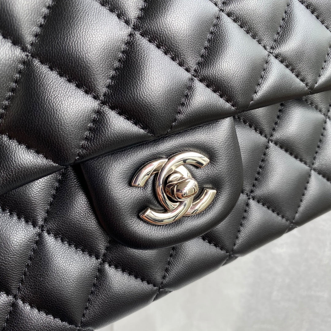 Chanel A01112 Classic Handbag Lambskin Black Silver