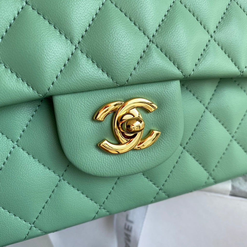 Chanel A01112 Classic Handbag Lambskin Green Gold