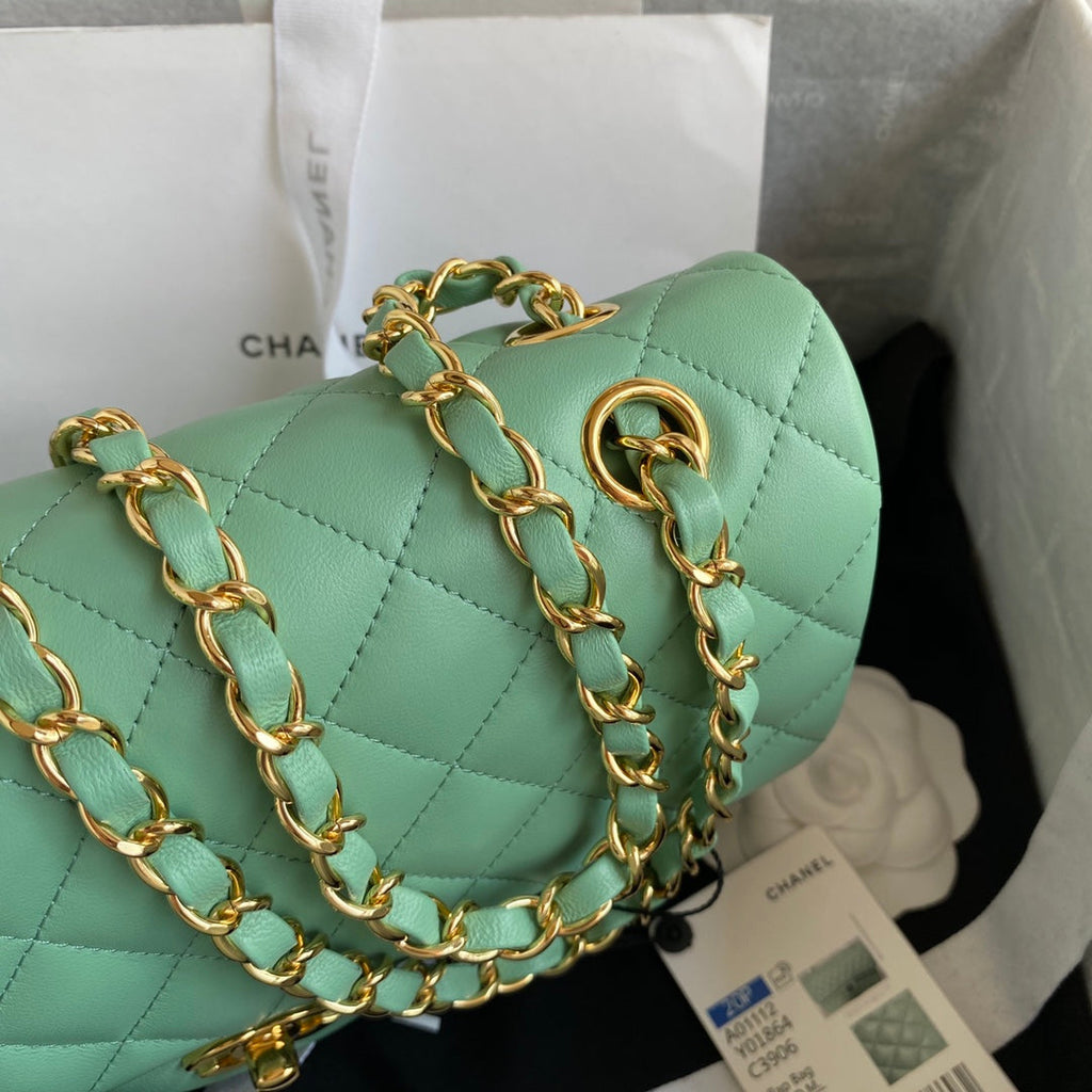 Chanel A01112 Classic Handbag Lambskin Green Gold