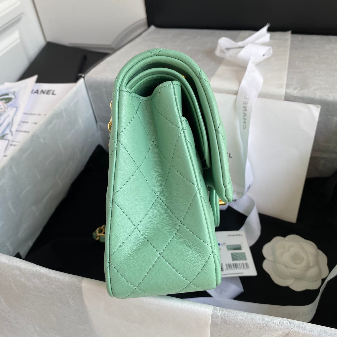 Chanel A01112 Classic Handbag Lambskin Green Gold