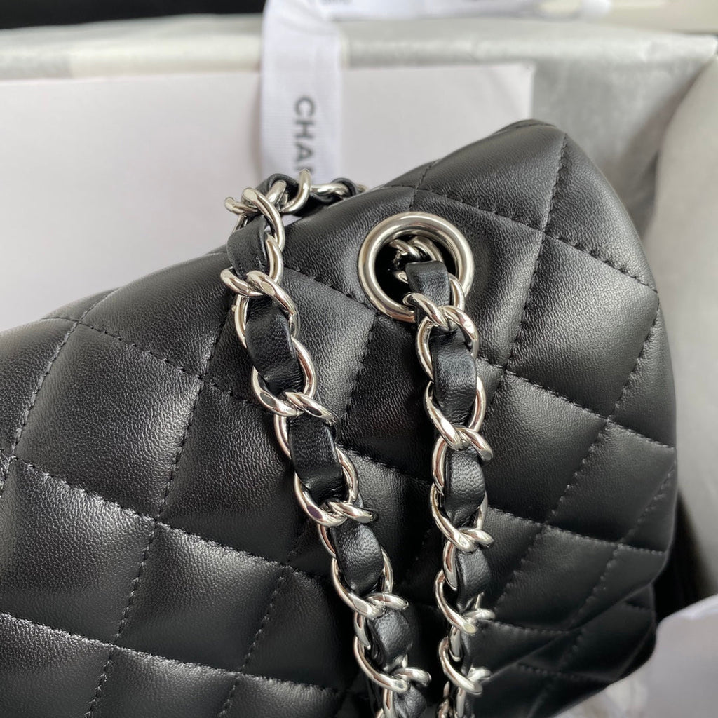 Chanel A01112 Classic Handbag Lambskin Black Silver