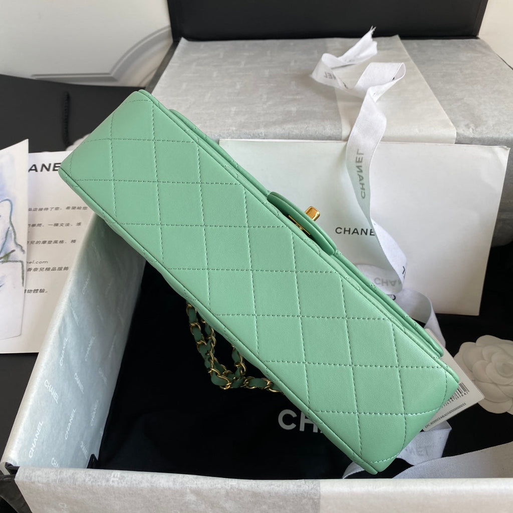 Chanel A01112 Classic Handbag Lambskin Green Gold