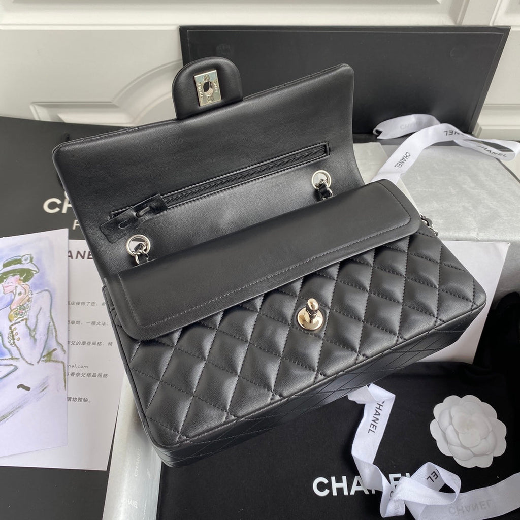 Chanel A01112 Classic Handbag Lambskin Black Silver