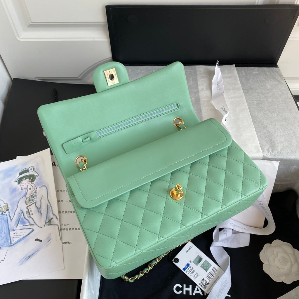 Chanel A01112 Classic Handbag Lambskin Green Gold