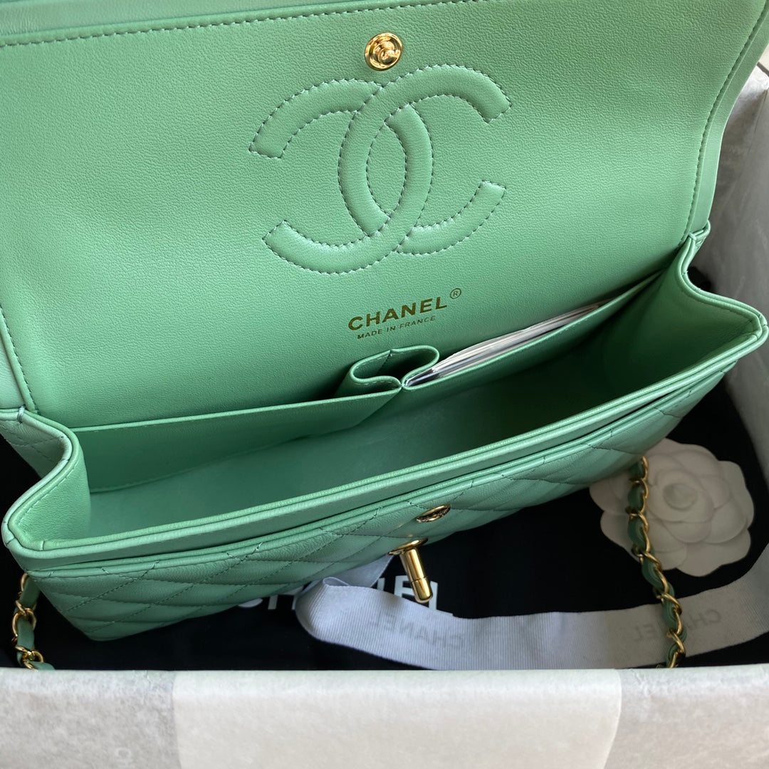 Chanel A01112 Classic Handbag Lambskin Green Gold