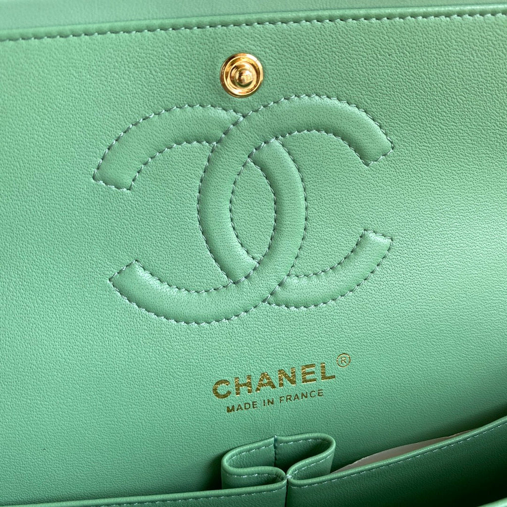 Chanel A01112 Classic Handbag Lambskin Green Gold