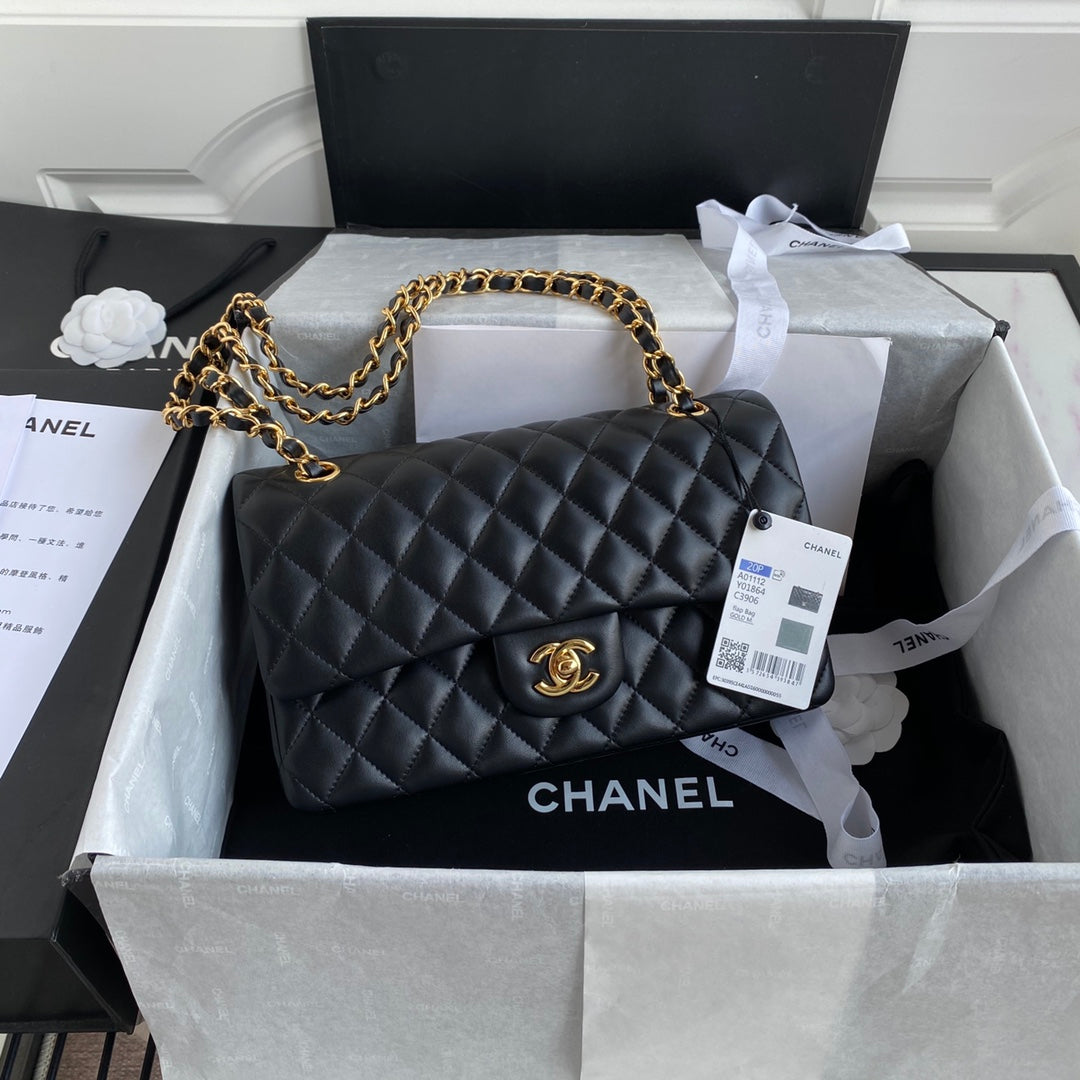 Chanel A01112 Classic Handbag Lambskin Black Gold