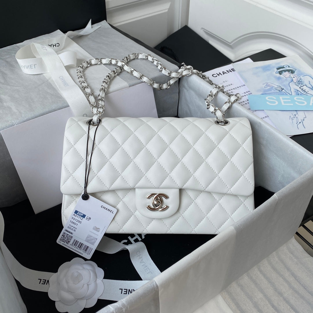 Chanel A01112 Classic Handbag Lambskin White Silver