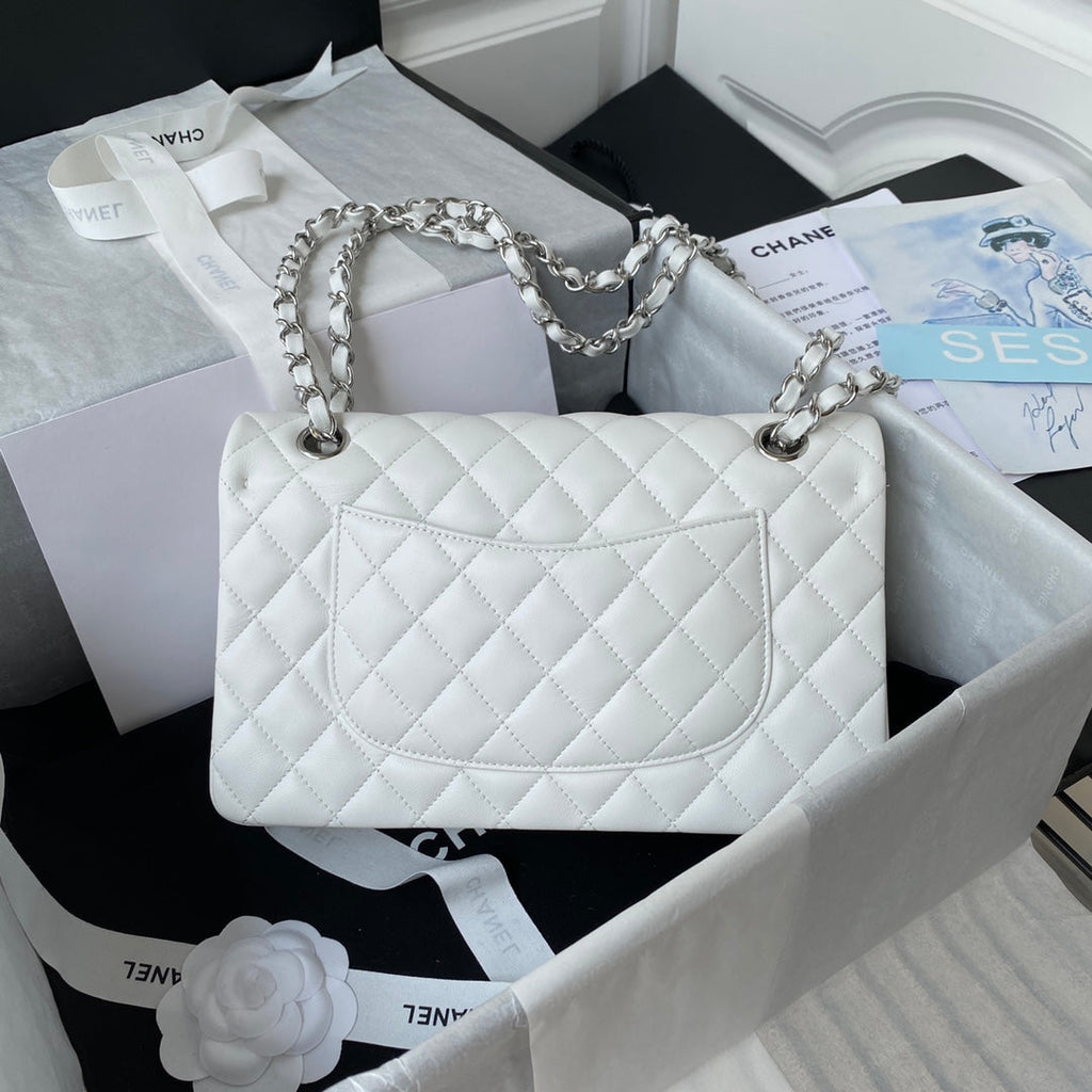 Chanel A01112 Classic Handbag Lambskin White Silver