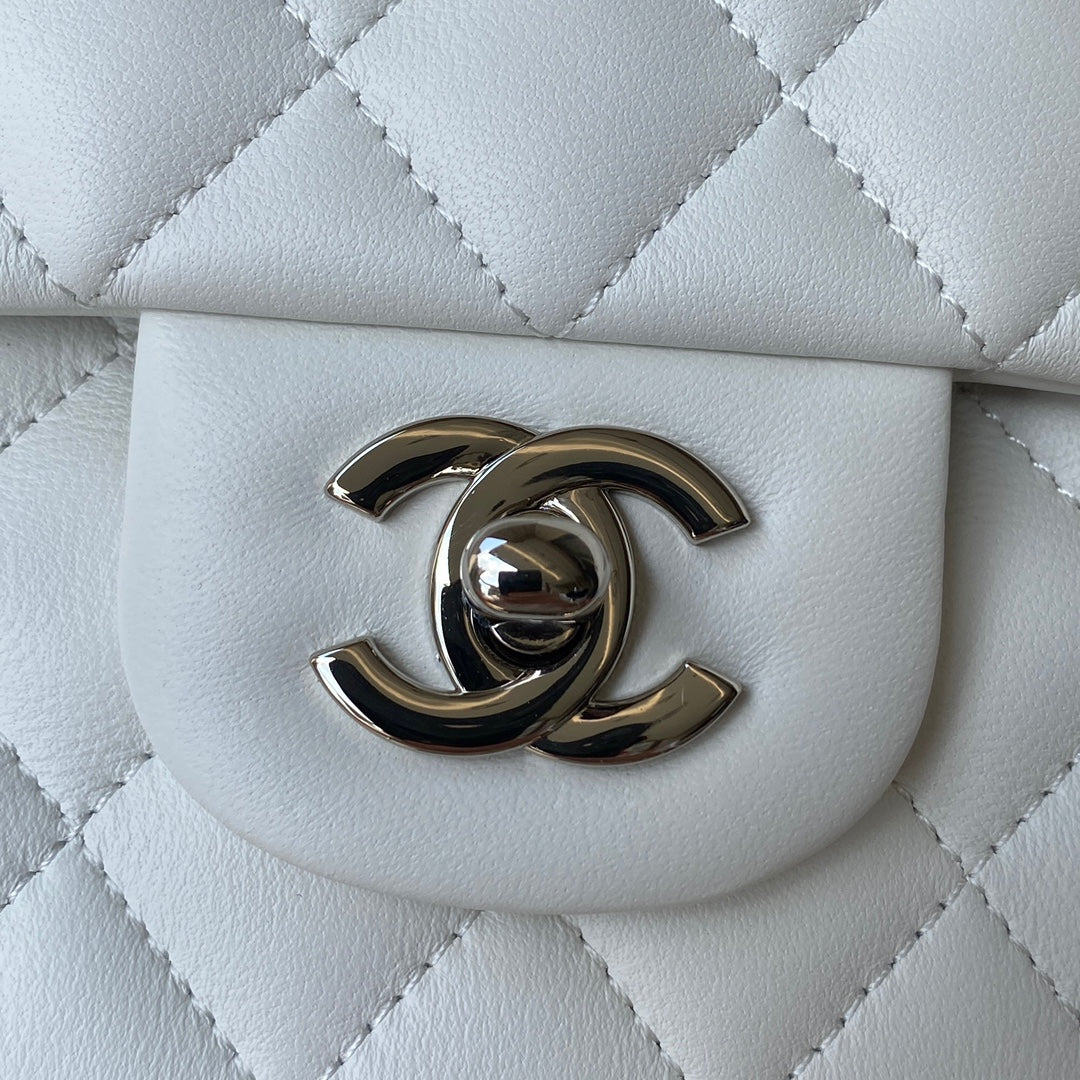 Chanel A01112 Classic Handbag Lambskin White Silver