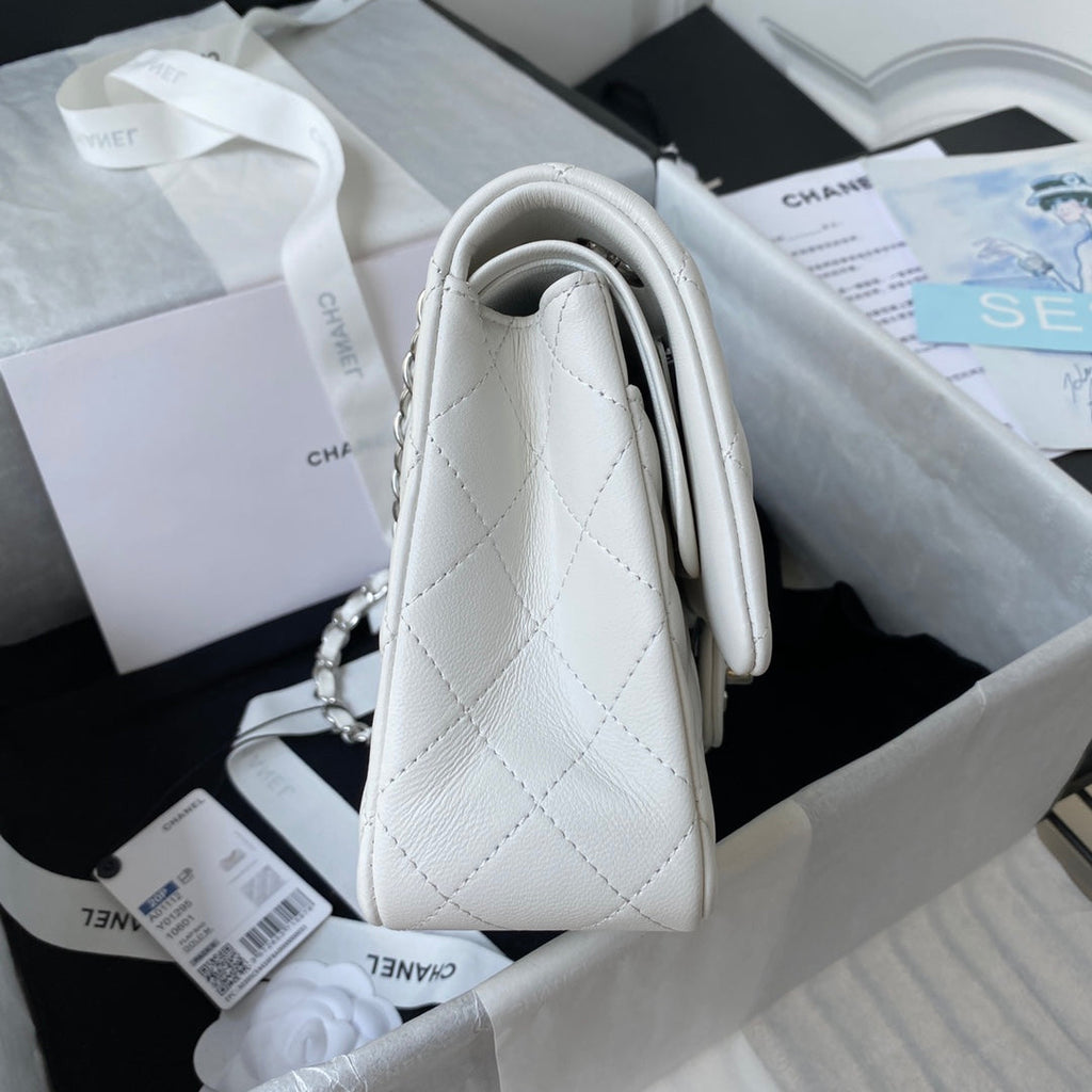 Chanel A01112 Classic Handbag Lambskin White Silver