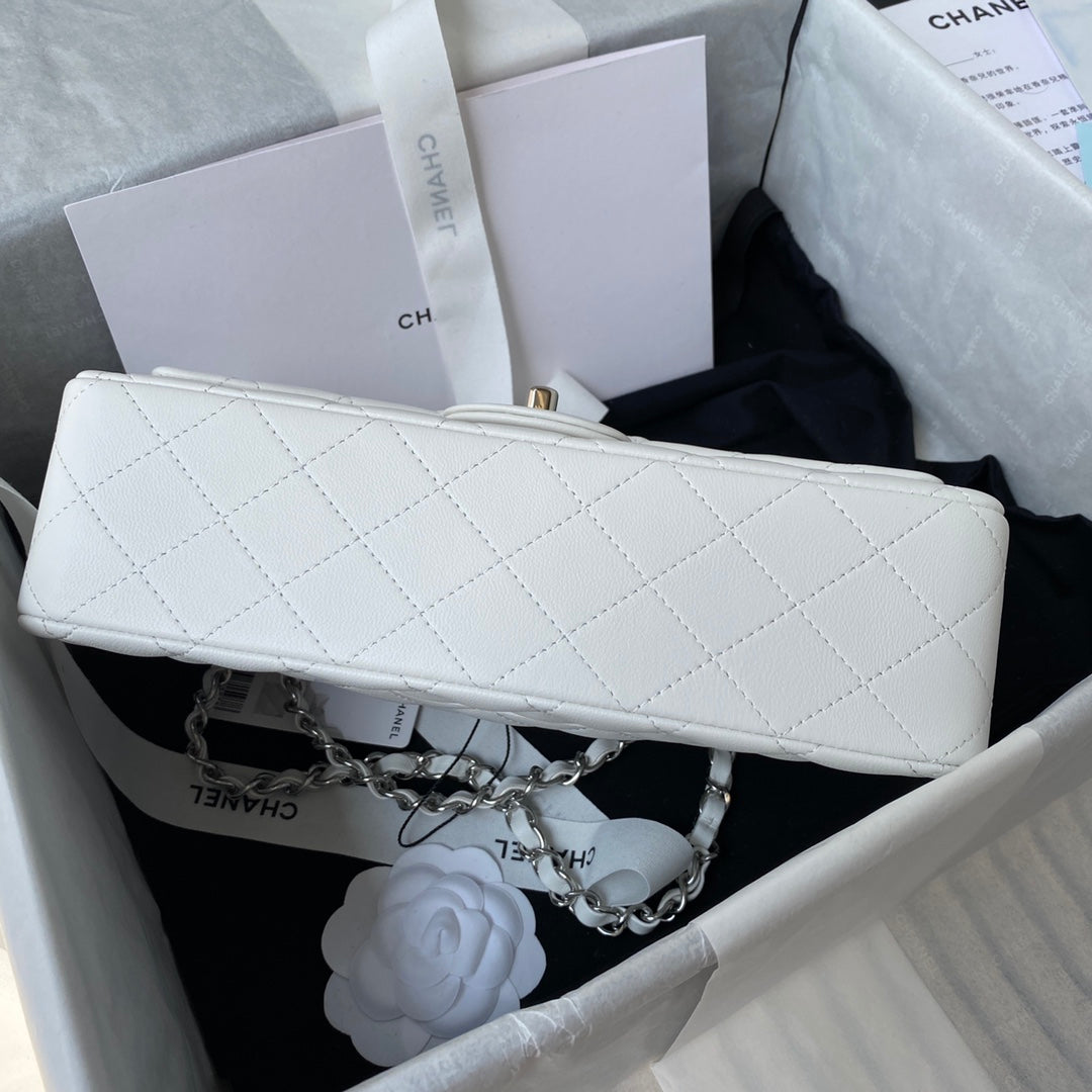 Chanel A01112 Classic Handbag Lambskin White Silver
