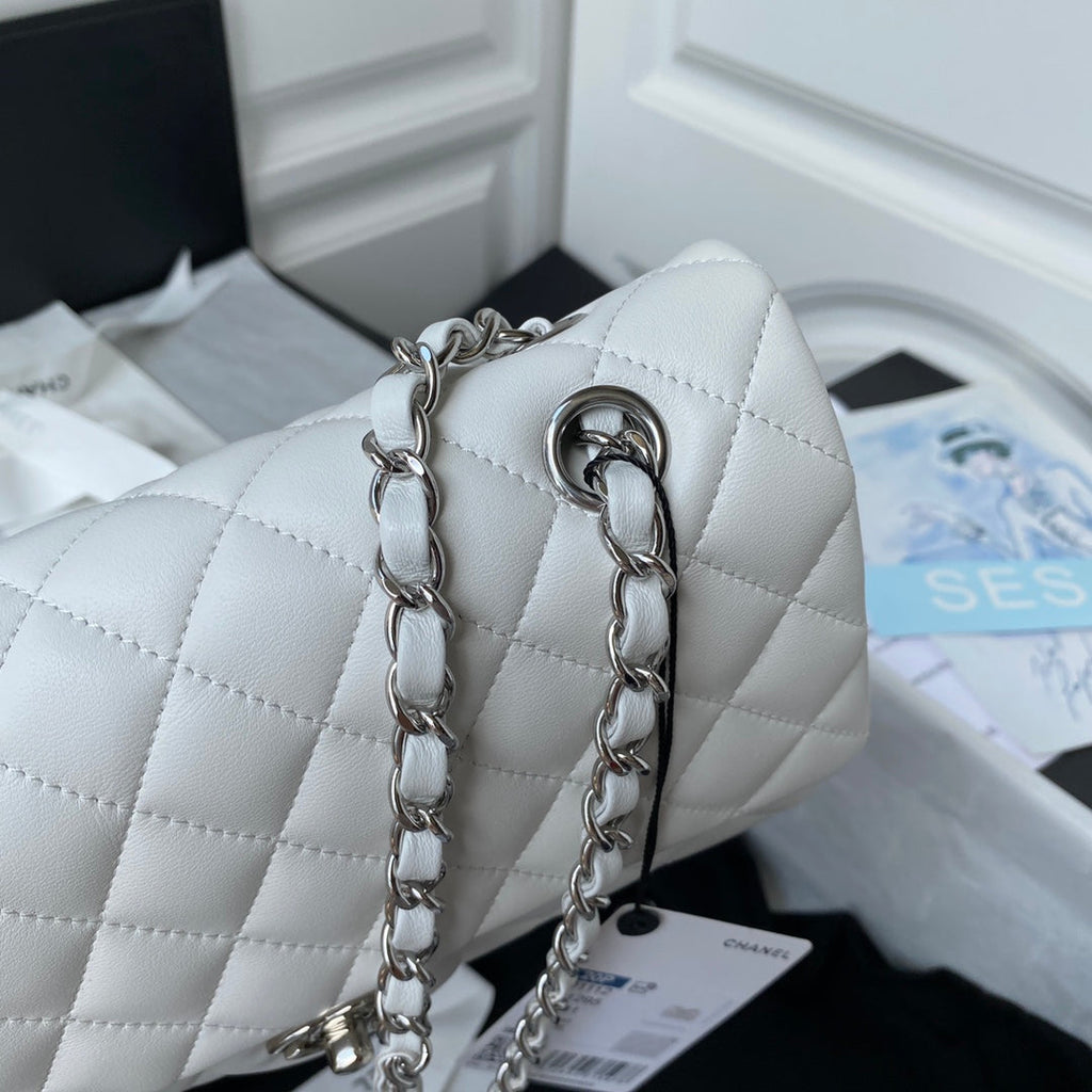 Chanel A01112 Classic Handbag Lambskin White Silver