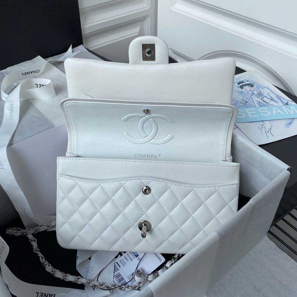 Chanel A01112 Classic Handbag Lambskin White Silver