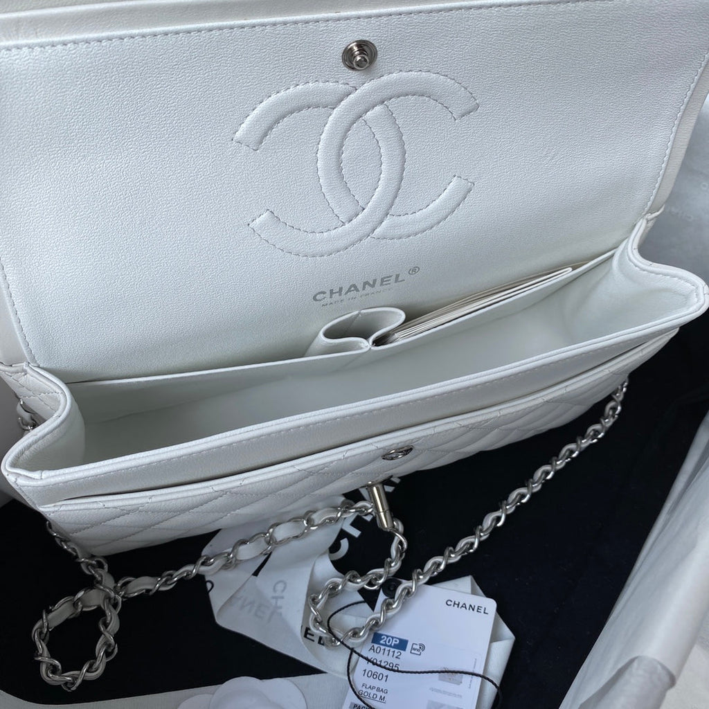 Chanel A01112 Classic Handbag Lambskin White Silver