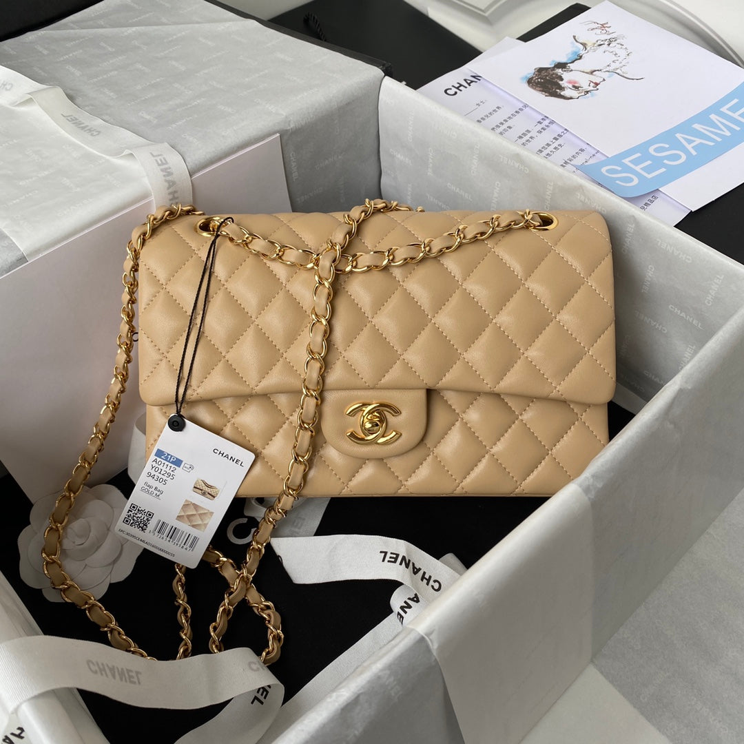 Chanel A01112 Classic Handbag Lambskin Dark Beige Gold