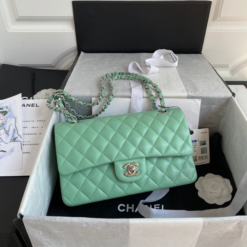 Chanel A01112 Classic Handbag Lambskin Green Silver