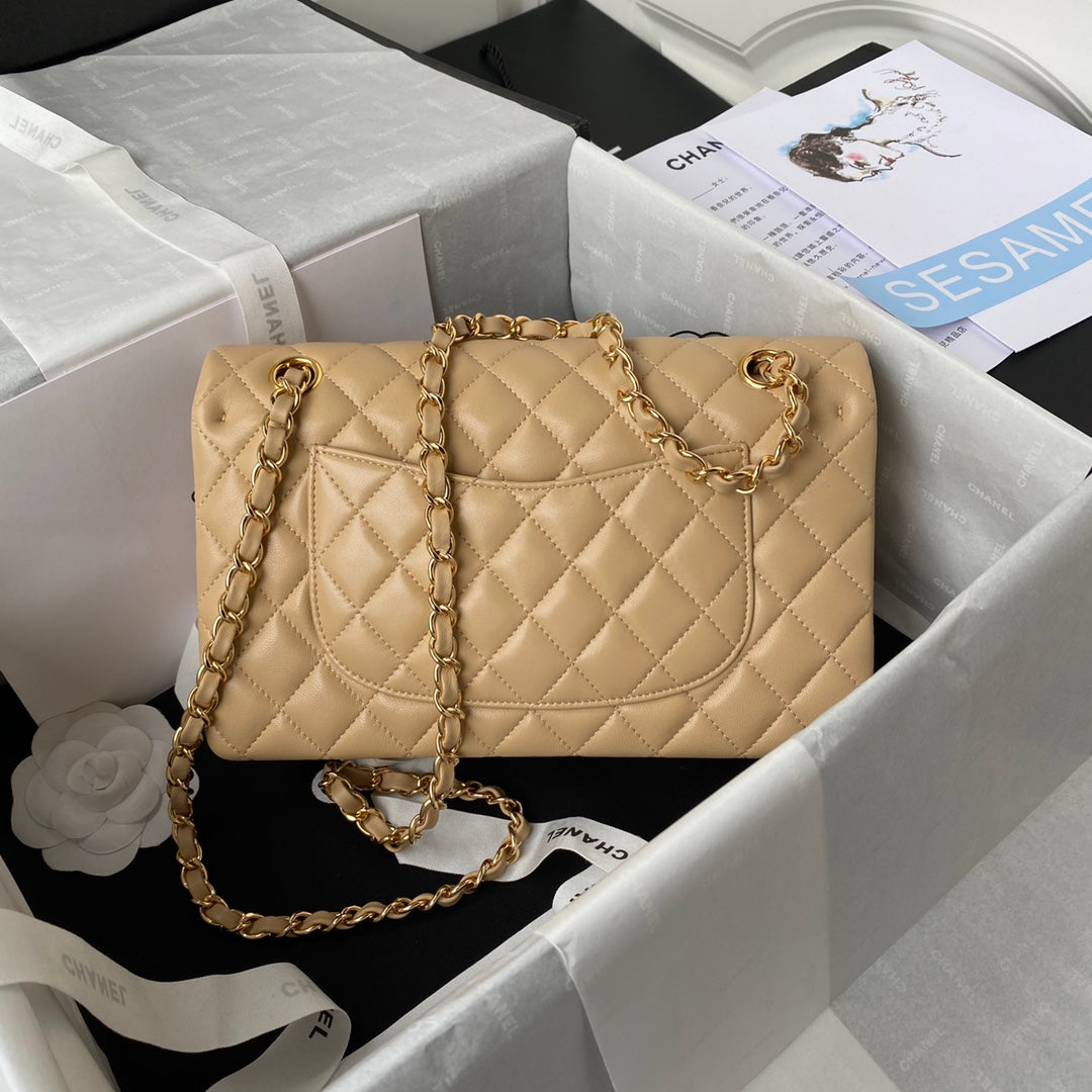 Chanel A01112 Classic Handbag Lambskin Dark Beige Gold