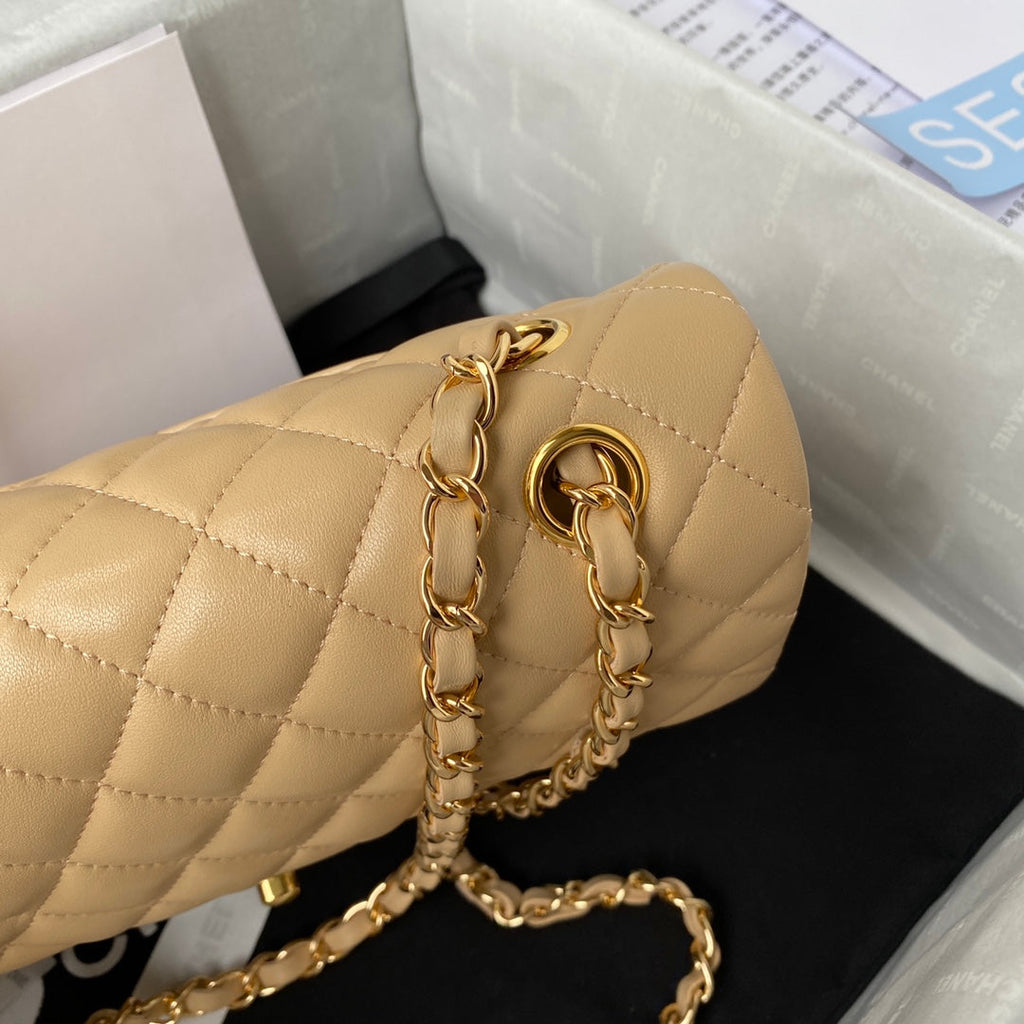 Chanel A01112 Classic Handbag Lambskin Dark Beige Gold