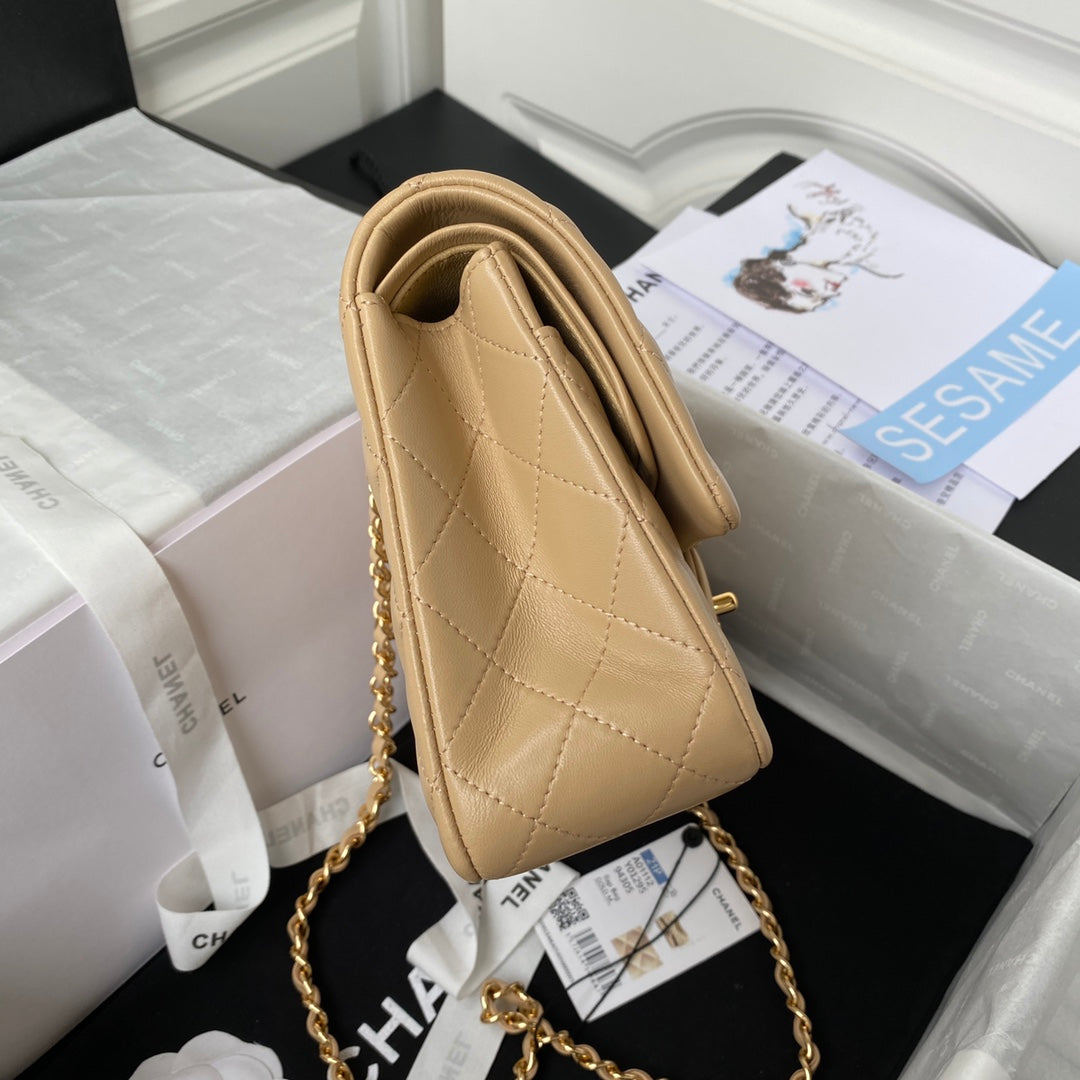 Chanel A01112 Classic Handbag Lambskin Dark Beige Gold