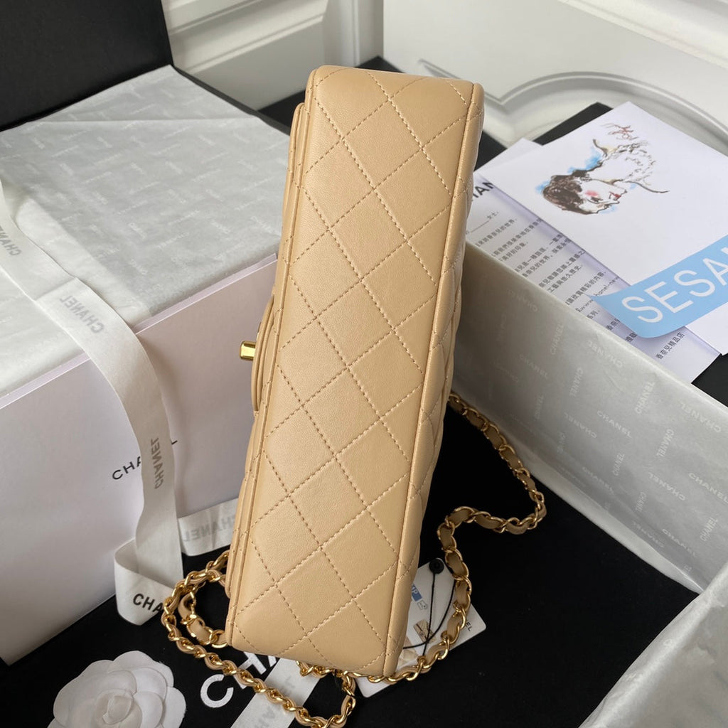 Chanel A01112 Classic Handbag Lambskin Dark Beige Gold