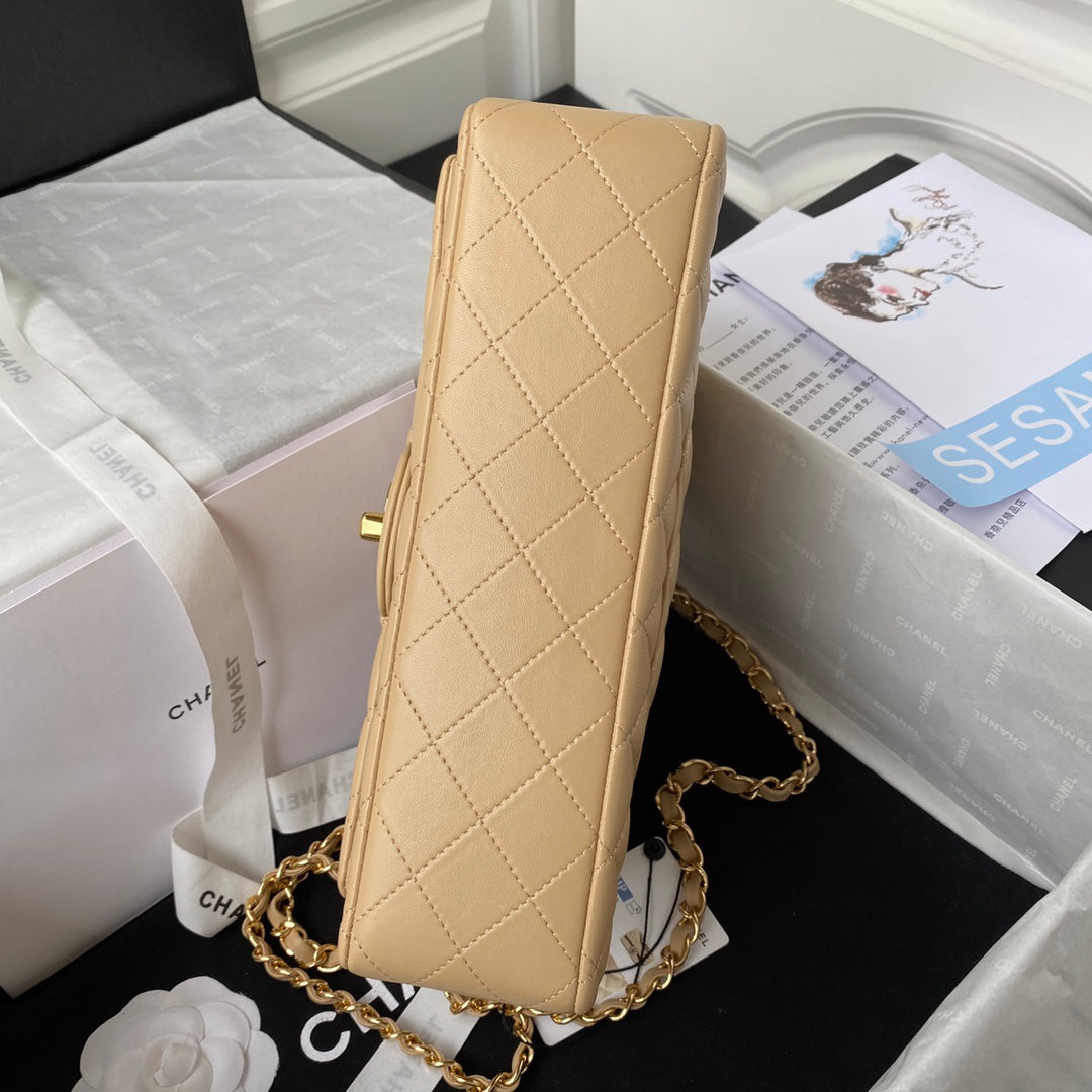 Chanel A01112 Classic Handbag Lambskin Dark Beige Gold