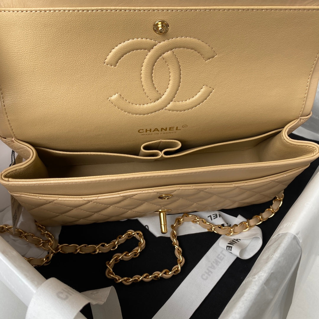 Chanel A01112 Classic Handbag Lambskin Dark Beige Gold