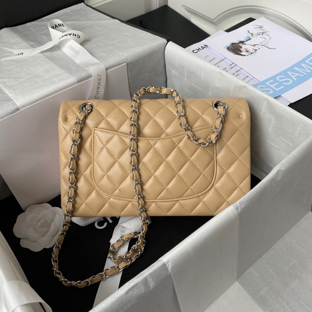 Chanel A01112 Classic Handbag Lambskin Dark Beige Silver